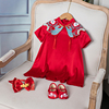 女宝宝周岁礼服婴幼儿童百日宴红色真丝连衣裙中国风小孩夏季薄款