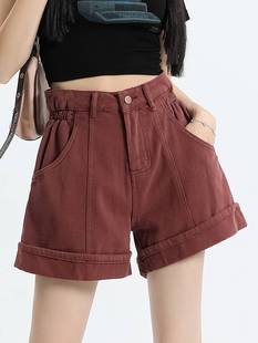 夏季枣红色高腰牛仔短裤，女胖mm大码梨形，身材y2k糖果彩色宽松热裤
