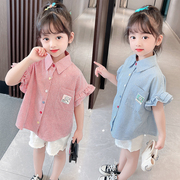 女童夏季衬衫方格香风刺绣幼儿园小学格子花边木耳边棉布网红短袖