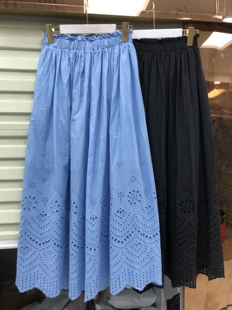 韩国气质蓝色全棉刺绣，镂空半身裙木耳边松紧，腰文艺气质中长裙子夏