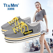 tt&mm汤姆斯女鞋，百搭韩版松糕鞋，条纹帆布鞋厚底小熊布鞋