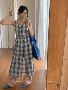 ing经典蓝色格子背心裙，子女夏季韩版宽松复古气质方领连衣裙
