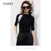 Amii半高领短袖针织衫女春季修身显瘦中袖套头拼色紧身内搭打底衫