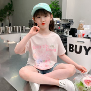 女童短袖套装2024夏季儿童韩版洋气T恤女大童牛仔短裤两件套