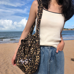 韩版豹纹沙滩包单肩包手提包斜跨复古大容量女包购物袋出游轻便包