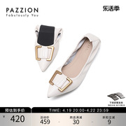 pazzion真皮浅口单鞋，女通勤尖头金属，扣气质软底平底女鞋
