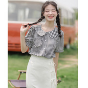  2022夏季韩版黑白格子娃娃领短款小个子泡泡袖显瘦短袖衬衫
