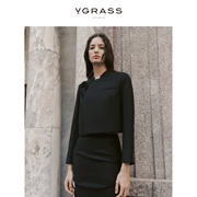 vgrass黑色新中式门襟盘扣立领，短外套女24年春羊毛简约立裁高智感