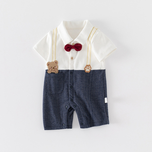 婴儿夏装男宝宝连体衣短袖礼服，薄款洋气哈衣服(哈衣服)绅士0一6月周岁爬服