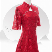 红色送考旗袍中长款小个子夏蕾丝镂空宴会复古风钉珠礼服红装