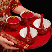 陶瓷敬茶杯子结婚喜碗套装红色，改口盖碗茶具对碗碗筷一对陪嫁用品
