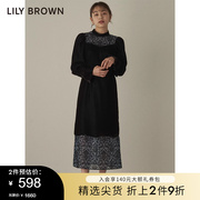 lilybrown秋冬复古丝绒蕾丝拼接修身连衣裙，lwfo214133