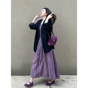 早春穿搭黑色西装外套紫色吊带连衣裙女气质高级感轻熟风法式韩系
