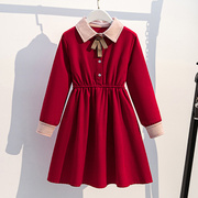 女童秋冬装连衣裙2023中大儿童，新年红色加绒加厚裙子一件