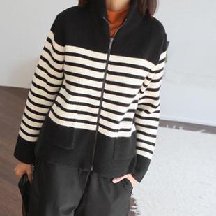 韩国大码女装胖mm冬装时尚半高领羽绒服配色针织夹克1022
