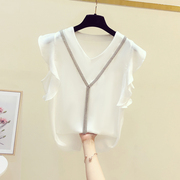 v领雪纺衫女2022夏季白色上衣，设计感衬衫荷叶边短袖t恤衫洋气