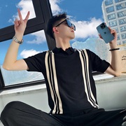 黑色条纹短袖t恤男夏季2023修身polo衫高级感夏装半截袖潮牌