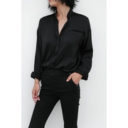 女士春秋原创设计夏薄款黑色极简长袖衬衫立领女宽松欧美时尚衬衣