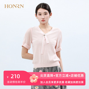 HONRN/红人休闲粉色v领带领结薄款短袖套头针织衫上衣t恤女夏季