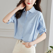 浅蓝色纯棉衬衫女五分袖夏季设计感小众上衣纯棉衬衣