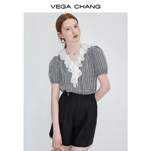 vegachang格纹衬衫女2024年夏季设计感蕾丝花边领短袖上衣