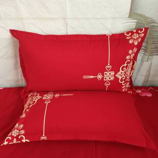 新婚枕套一对装不含芯，婚庆喜字印花棉布陪嫁红色枕，头套结婚50×80