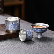 青花瓷纯银鎏银陶瓷主人茶杯单个家用小茶盏品茗个人专用功夫茶具