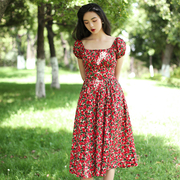 JUJU定制复古连衣裙红色碎花文艺范方领泡泡袖高腰大摆裙子女夏季