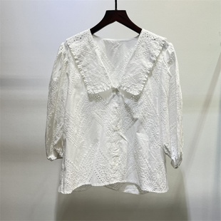 法式小众娃娃领泡泡袖刺绣镂空棉布白衬衫减龄宽松百搭款2024夏季
