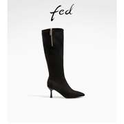 fed黑色长靴冬季靴子细跟尖头瘦瘦靴高跟时装靴女R1007-YA790