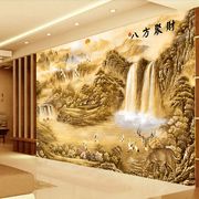 中式古典八方聚财3d立体国画背景墙布壁画，墙纸壁布古代山水画壁纸