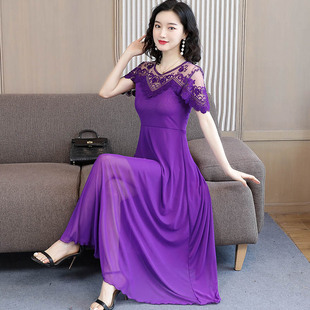 紫色短袖网纱连衣裙女夏长裙2024收腰显瘦大摆气质长款蕾丝裙