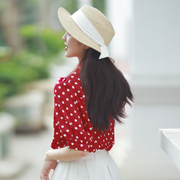复古港风红色波点短袖上衣雪纺衬衫宽松大码白色半身裙套装裙女夏