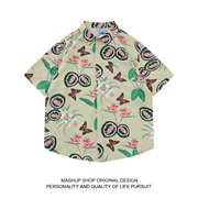 混搭商店alohashirts复古蝴蝶花朵印花夏威夷短袖，衬衫沙滩套装