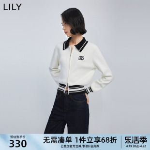 LILY2024春女装时尚通勤复古条纹双开拉链收腰POLO针织开衫女