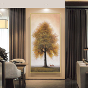 手绘风景发财树油画现代简约轻奢中式挂画玄关走廊竖版立体装饰画