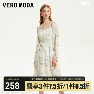 Vero Moda连衣裙2023秋冬法式方领花朵高腰公主裙