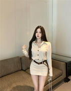 韩版polo领长袖衬衫连衣裙女秋冬季收腰小众裙子气质包臀短裙