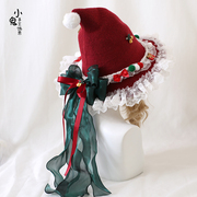 原创Lolita圣诞蝴蝶结毛绒蕾丝巫女帽圣诞节魔女帽洛丽塔女巫帽子