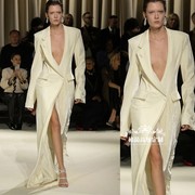 高级定制欧美时尚气质米，白色丝绒风衣外套，女超长款英伦奢华大牌春