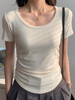圆领褶皱设计感短袖T恤女夏季弧形下摆打底衫收腰显瘦不规则上衣