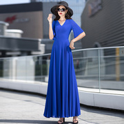 大摆雪纺连衣裙2024夏季时尚长款宝蓝色，海边超仙减龄收腰长裙
