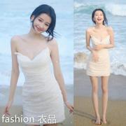 香港2024夏季孙怡同款白色吊带连衣裙气质温柔甜美领褶皱短裙女潮