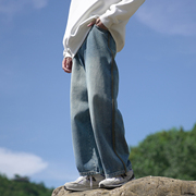 春装男牛仔裤420g重磅水洗，复古色条纹，直筒宽松垂感长裤