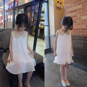 外贸韩国童装2020夏法式气质白金色亮片娃娃领百折压褶雪纺背心裙