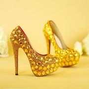婚鞋金色镶水钻水晶鞋，高跟防水台大码新娘结婚鞋，晚礼服宴会鞋