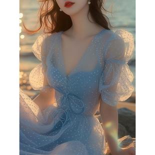 蓝色波点连衣裙春装女2024年沙滩，裙女海边度假超仙长裙子飘逸