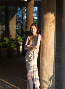 Floating醋酸亚麻 鎏金质朴设计感飘带无袖连衣裙女夏季气质长裙