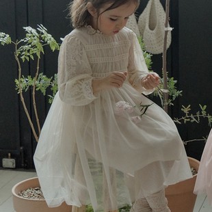 2024春款韩国女童女孩儿童纯色蕾丝梦幻公主风长袖连衣裙子童装新