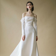 一字肩轻主婚纱2023新娘法式性感冬季白色长袖年会拖尾礼服